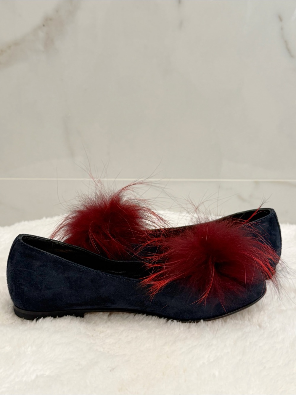 FENDI Kids Navy Suede Flats with Burgundy Fur Pom Poms | Made in Italy